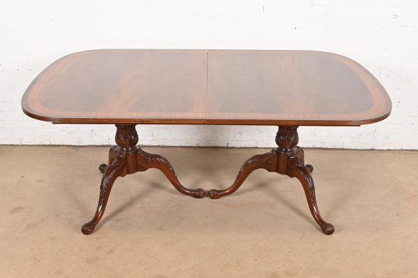 Drexel Heritage Georgian Banded Flame Mahogany Double Pedestal Extension Dining Table, Newly Refinished - Image 7