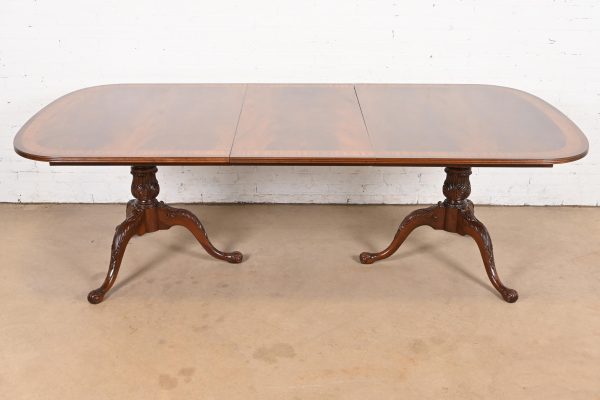 Drexel Heritage Georgian Banded Flame Mahogany Double Pedestal Extension Dining Table, Newly Refinished - Image 2