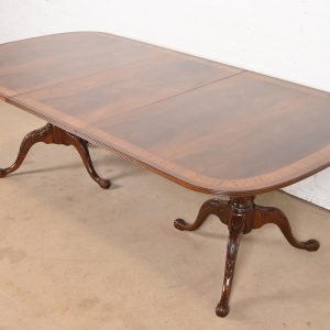 Drexel Heritage Georgian Banded Flame Mahogany Double Pedestal Extension Dining Table, Newly Refinished
