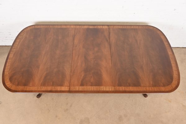 Drexel Heritage Georgian Banded Flame Mahogany Double Pedestal Extension Dining Table, Newly Refinished - Image 5