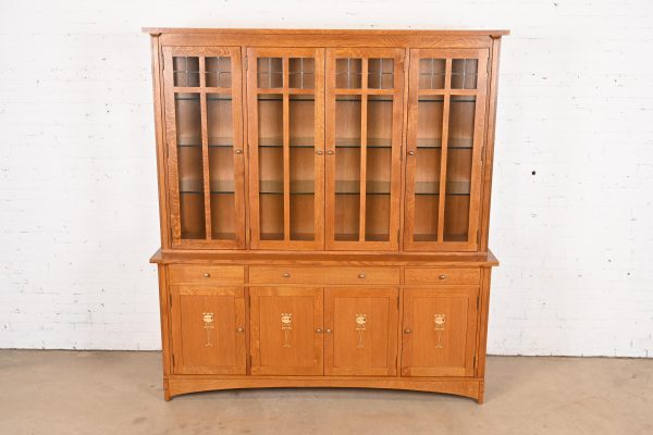 Stickley Harvey Ellis Collection Arts & Crafts Inlaid Oak Lighted Breakfront Bookcase Cabinet - Image 2