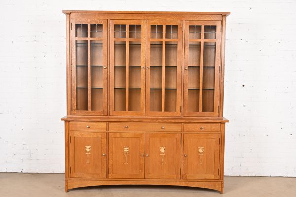 Stickley Harvey Ellis Collection Arts & Crafts Inlaid Oak Lighted Breakfront Bookcase Cabinet