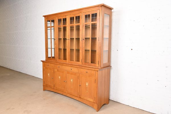 Stickley Harvey Ellis Collection Arts & Crafts Inlaid Oak Lighted Breakfront Bookcase Cabinet - Image 3