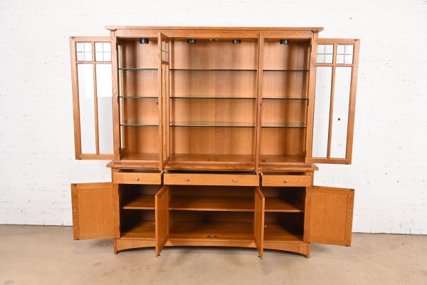 Stickley Harvey Ellis Collection Arts & Crafts Inlaid Oak Lighted Breakfront Bookcase Cabinet - Image 5