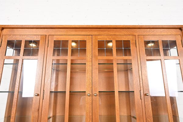 Stickley Harvey Ellis Collection Arts & Crafts Inlaid Oak Lighted Breakfront Bookcase Cabinet - Image 9