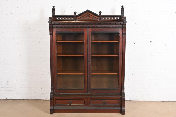 Herter Brothers Style Antique Eastlake Victorian Carved Walnut Bookcase, Circa 1880s - Image 2