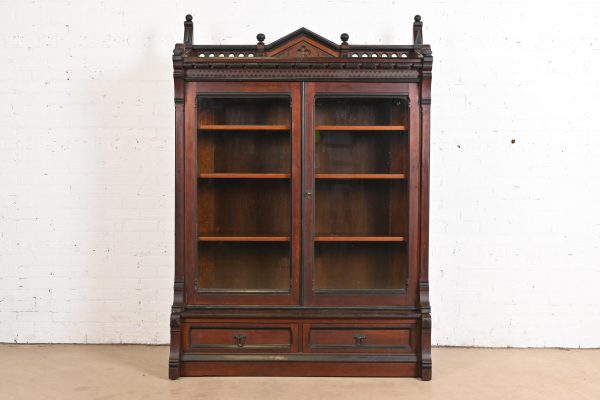 Herter Brothers Style Antique Eastlake Victorian Carved Walnut Bookcase, Circa 1880s
