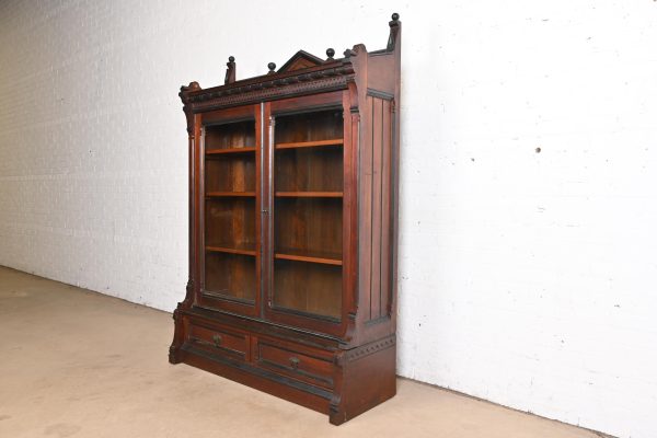 Herter Brothers Style Antique Eastlake Victorian Carved Walnut Bookcase, Circa 1880s - Image 3