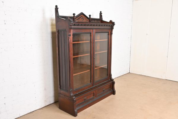 Herter Brothers Style Antique Eastlake Victorian Carved Walnut Bookcase, Circa 1880s - Image 4
