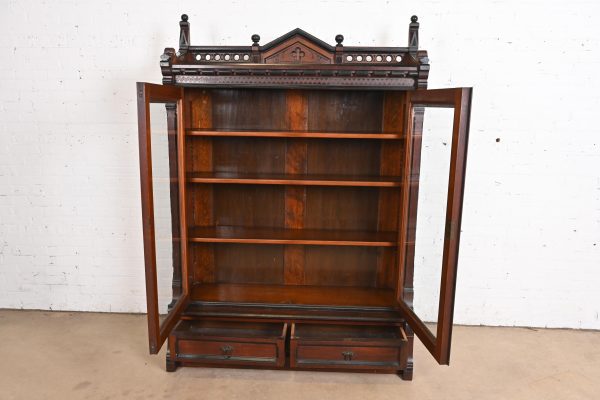 Herter Brothers Style Antique Eastlake Victorian Carved Walnut Bookcase, Circa 1880s - Image 5