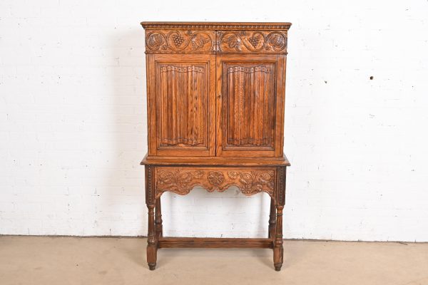 English Jacobean Carved Oak Bookcase or Bar Cabinet by Irwin, Circa 1920s - Image 2