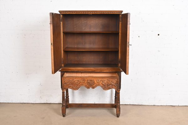 English Jacobean Carved Oak Bookcase or Bar Cabinet by Irwin, Circa 1920s - Image 5