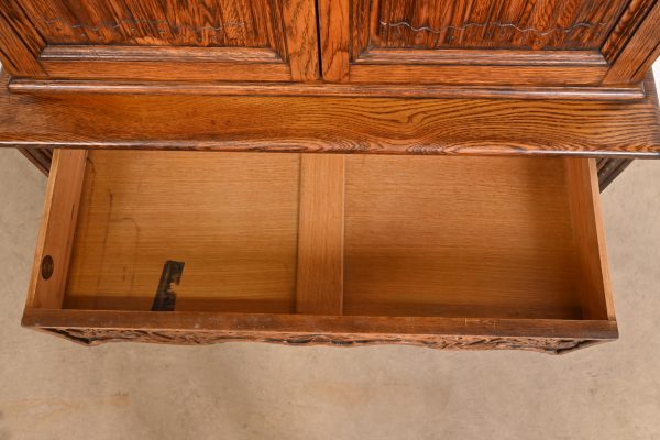 English Jacobean Carved Oak Bookcase or Bar Cabinet by Irwin, Circa 1920s - Image 6