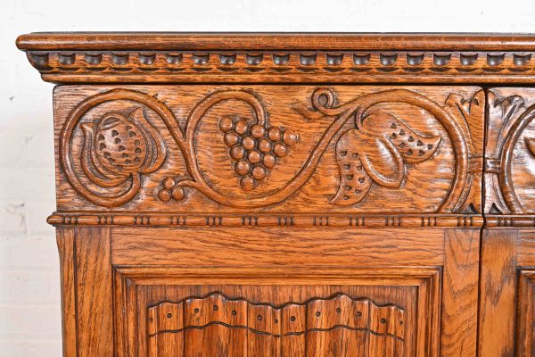 English Jacobean Carved Oak Bookcase or Bar Cabinet by Irwin, Circa 1920s - Image 8