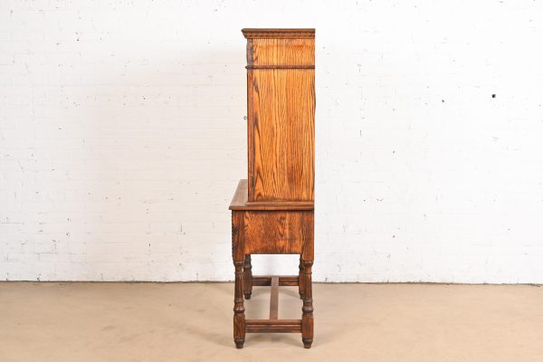 English Jacobean Carved Oak Bookcase or Bar Cabinet by Irwin, Circa 1920s - Image 10