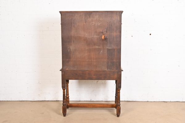 English Jacobean Carved Oak Bookcase or Bar Cabinet by Irwin, Circa 1920s - Image 11