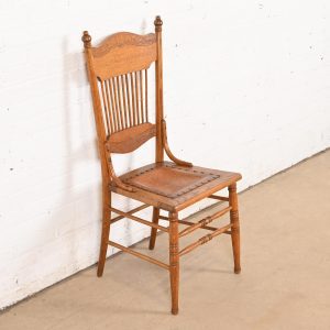 Antique American Carved Oak Pressed Back Spindle Dining Chair or Side Chair, Circa 1900