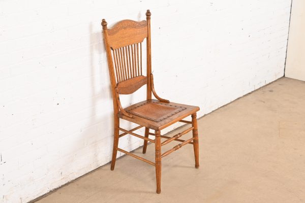 Antique American Carved Oak Pressed Back Spindle Dining Chair or Side Chair, Circa 1900