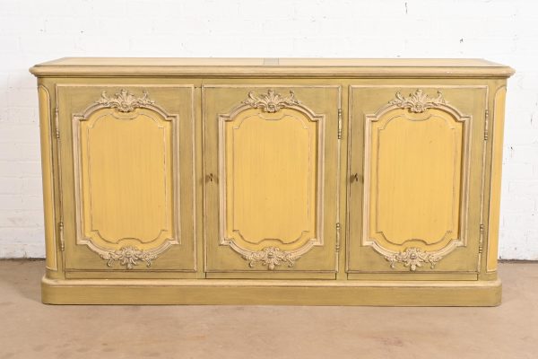 Baker Furniture French Provincial Louis XV Olive Green and Cream Lacquered Sideboard Credenza