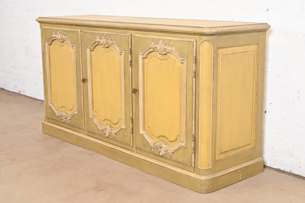Baker Furniture French Provincial Louis XV Olive Green and Cream Lacquered Sideboard Credenza - Image 3