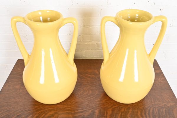 Roseville Pottery Arts & Crafts Large Yellow Glazed Handled Art Pottery Jugs or Vases, 1930s