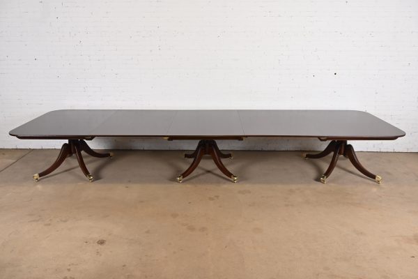 Baker Furniture Georgian Monumental Mahogany Triple Pedestal Extension Dining Table, Newly Refinished - Image 3