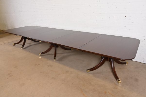 Baker Furniture Georgian Monumental Mahogany Triple Pedestal Extension Dining Table, Newly Refinished