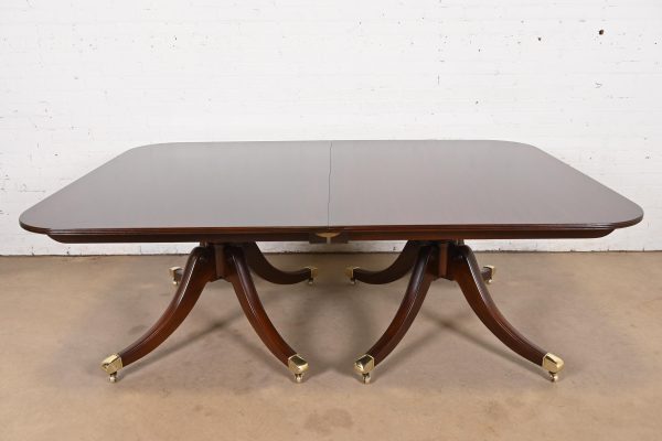 Baker Furniture Georgian Monumental Mahogany Triple Pedestal Extension Dining Table, Newly Refinished - Image 7