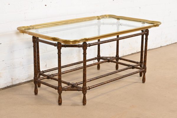 Baker Furniture Hollywood Regency Chinoiserie Faux Bamboo, Brass, and Glass Cocktail Table