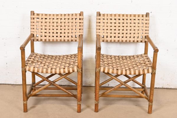 McGuire Hollywood Regency Organic Modern Bamboo and Woven Leather Club Chairs, Pair - Image 2