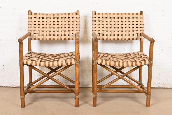 McGuire Hollywood Regency Organic Modern Bamboo and Woven Leather Club Chairs, Pair - Image 3