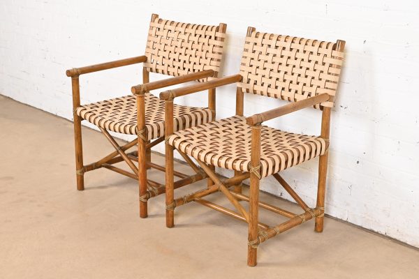 McGuire Hollywood Regency Organic Modern Bamboo and Woven Leather Club Chairs, Pair - Image 4