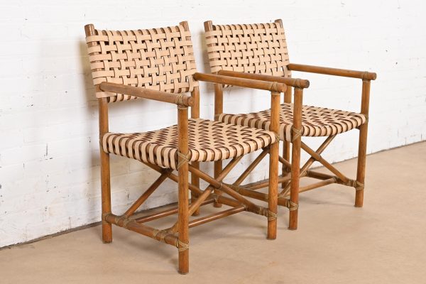 McGuire Hollywood Regency Organic Modern Bamboo and Woven Leather Club Chairs, Pair