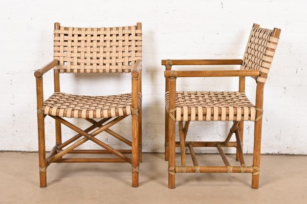 McGuire Hollywood Regency Organic Modern Bamboo and Woven Leather Club Chairs, Pair - Image 5