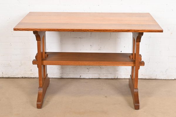 Gustav Stickley Antique Mission Oak Arts & Crafts Trestle Library Table or Writing Desk, Circa 1910 - Image 2