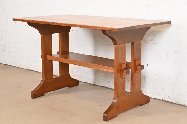 Gustav Stickley Antique Mission Oak Arts & Crafts Trestle Library Table or Writing Desk, Circa 1910 - Image 4