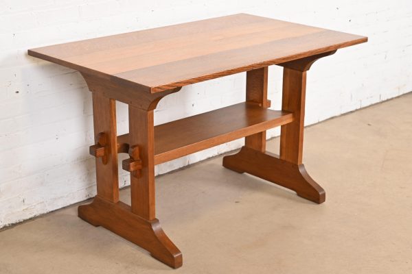 Gustav Stickley Antique Mission Oak Arts & Crafts Trestle Library Table or Writing Desk, Circa 1910