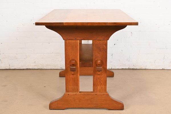 Gustav Stickley Antique Mission Oak Arts & Crafts Trestle Library Table or Writing Desk, Circa 1910 - Image 8