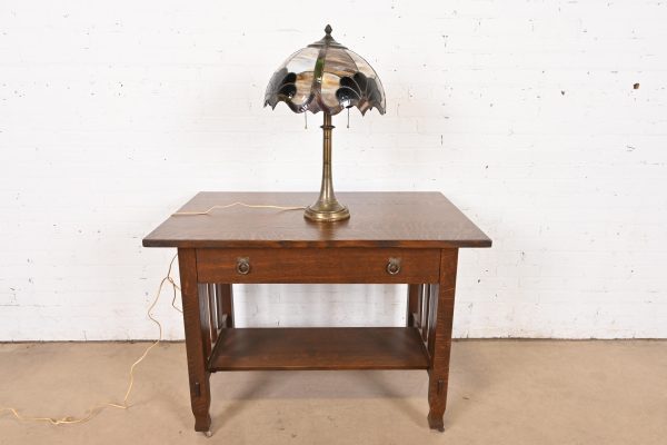 Tiffany Studios Style Arts & Crafts Bronze Table Lamp With Stained Glass Shade, Circa 1930s - Image 11