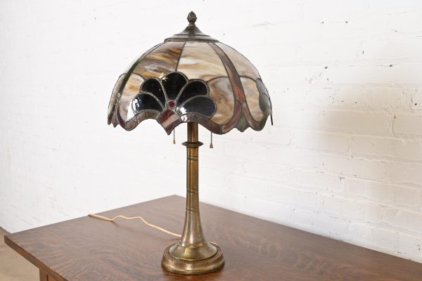 Tiffany Studios Style Arts & Crafts Bronze Table Lamp With Stained Glass Shade, Circa 1930s - Image 2