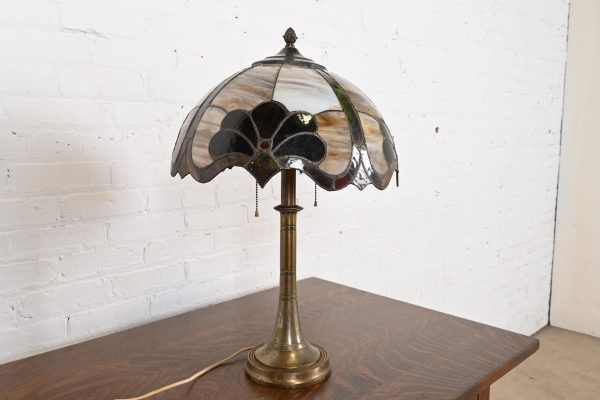 Tiffany Studios Style Arts & Crafts Bronze Table Lamp With Stained Glass Shade, Circa 1930s - Image 3