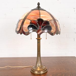 Tiffany Studios Style Arts & Crafts Bronze Table Lamp With Stained Glass Shade, Circa 1930s