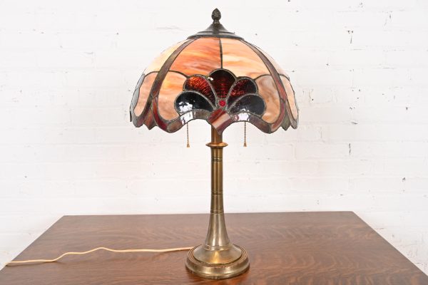 Tiffany Studios Style Arts & Crafts Bronze Table Lamp With Stained Glass Shade, Circa 1930s