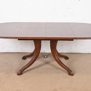 Italian Provincial Carved Cherry Wood Pedestal Extension Dining Table by Emanuel Morez, Newly Refinished