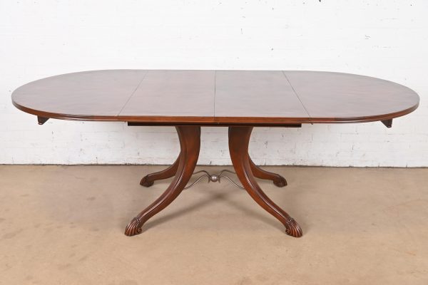 Italian Provincial Carved Cherry Wood Pedestal Extension Dining Table by Emanuel Morez, Newly Refinished