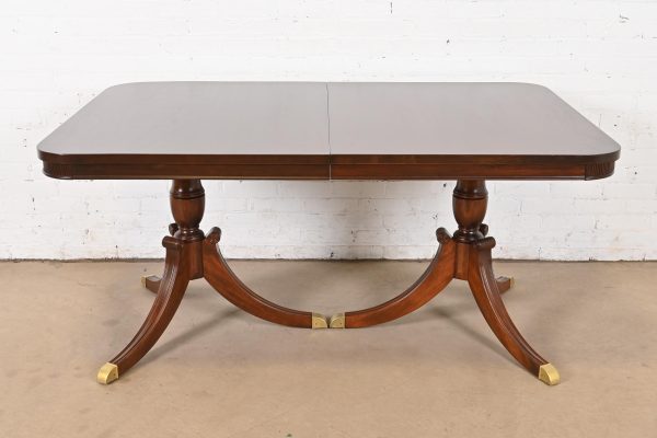 Baker Furniture Style Georgian Mahogany Double Pedestal Extension Dining Table, Newly Refinished - Image 7