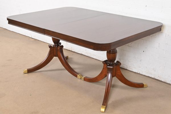 Baker Furniture Style Georgian Mahogany Double Pedestal Extension Dining Table, Newly Refinished - Image 8