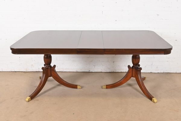 Baker Furniture Style Georgian Mahogany Double Pedestal Extension Dining Table, Newly Refinished - Image 2
