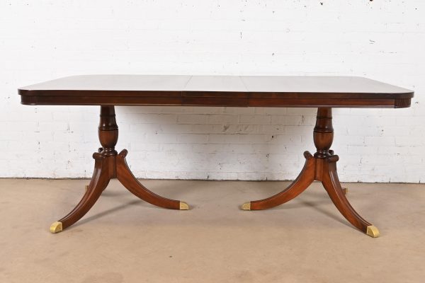 Baker Furniture Style Georgian Mahogany Double Pedestal Extension Dining Table, Newly Refinished - Image 3