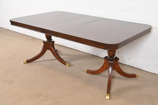 Baker Furniture Style Georgian Mahogany Double Pedestal Extension Dining Table, Newly Refinished